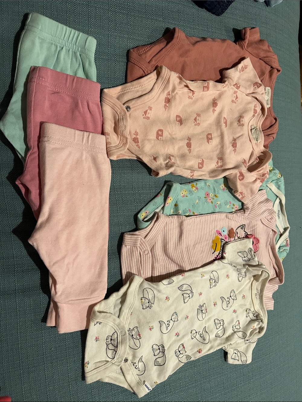 One-Piece Bodysuit Lot in Pink, Light Pink, Mint, Cream, Teal 0-3 month bundle